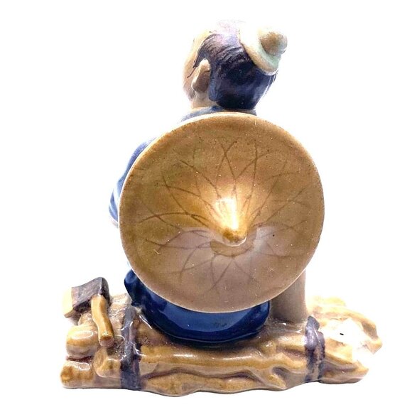 Vintage Mudmen Chinese Man Seated Wood Logs Hat On Back Axe Blue Top Knot Shiwan - Picture 3 of 7